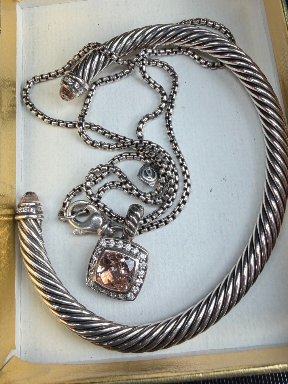 David Yurman Albion Necklace w/ Pink Pendant and matching cable bracelet